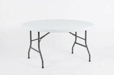 60-inch round white plastic folding banquet table with grey metal legs for event rental