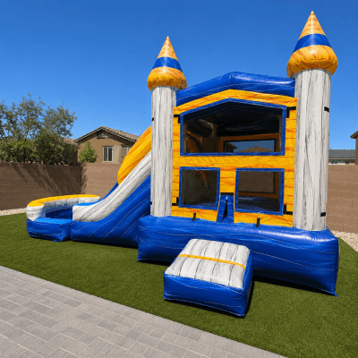 3-in-1 inflatable bounce house slide combo with pool landing for wet summer party rentals in Las Vegas.