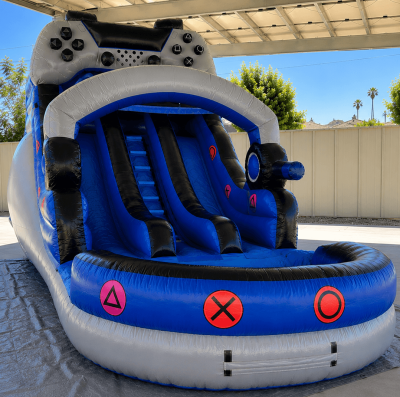 Massive 16ft gamer themed dual lane water slide rental with a 30ft track in Las Vegas.