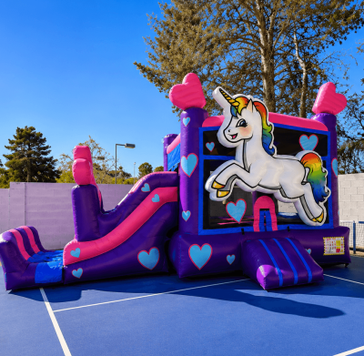 Premium 25ft wet or dry 3-in-1 unicorn bounce house slide combo rental in Las Vegas.